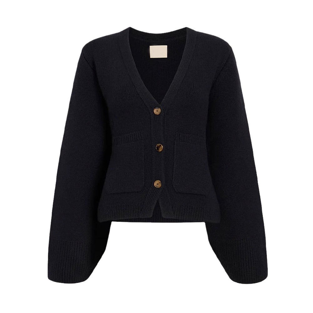 Knit jacket for women with deep V-neck and practical pockets Lune London