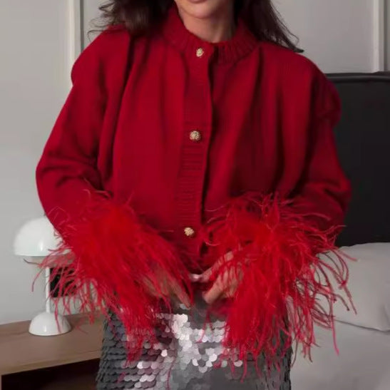 Knitted jacket for women with elegant fringe sleeves and gold buttons Lune London