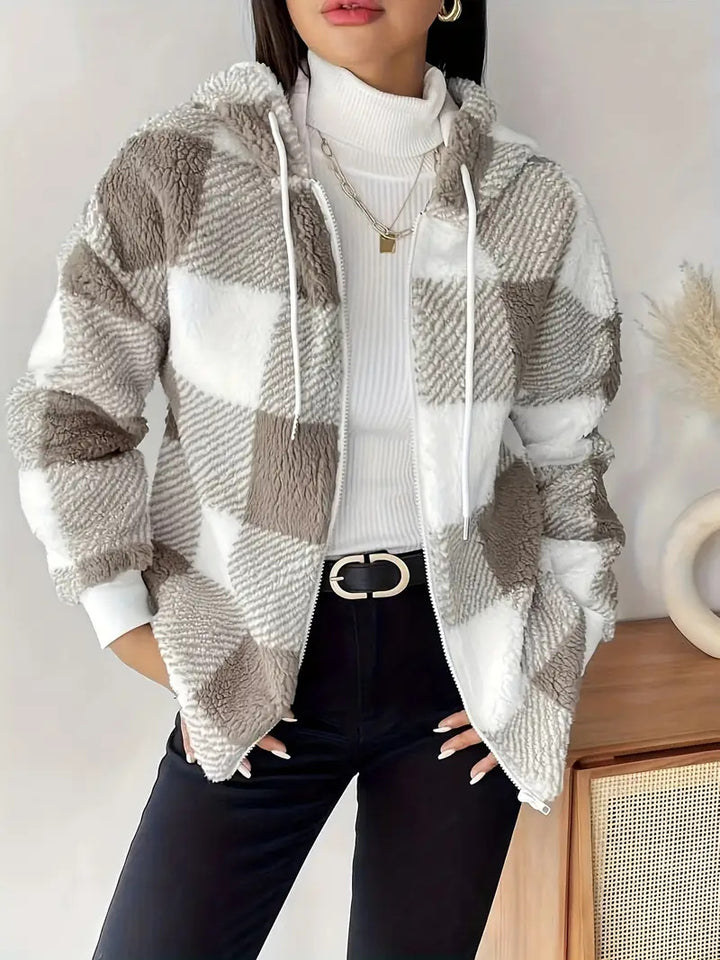 Ladies Cozy Hooded Jacket in Chic Checkered Design