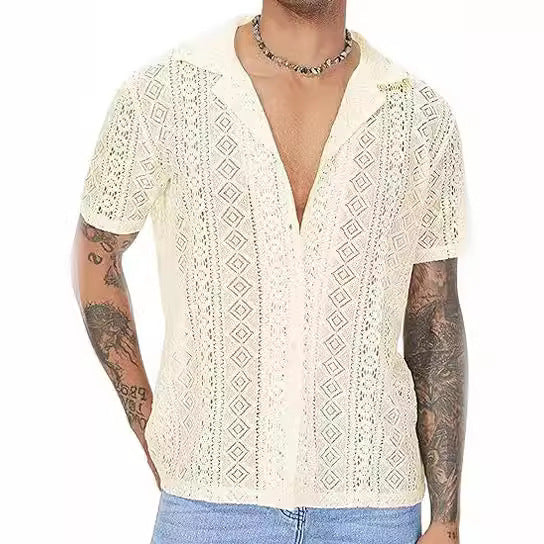 Short short-sleeve shirt for men with structured crochet pattern Lune London