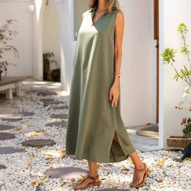 Maxi dress for women with V-neck and side slits Lune London