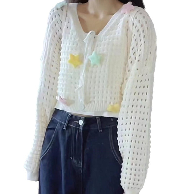 Ladies lightweight cardigan with colorful star appliqués and drawstring Lune London