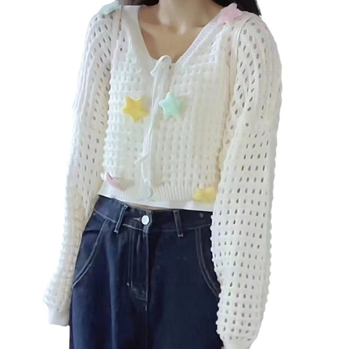 Ladies lightweight cardigan with colorful star appliqués and drawstring Lune London