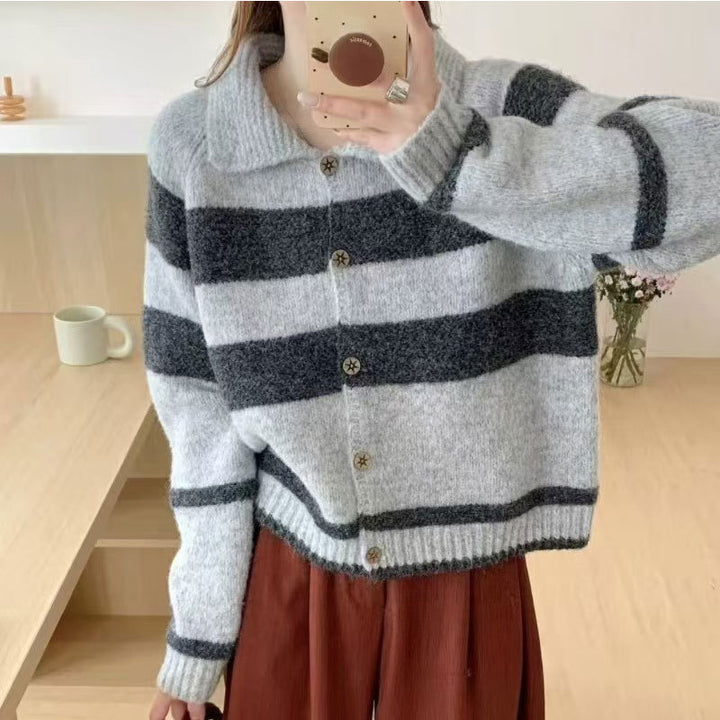 Knitted jacket for women with decorative collar and trendy stripes Lune London