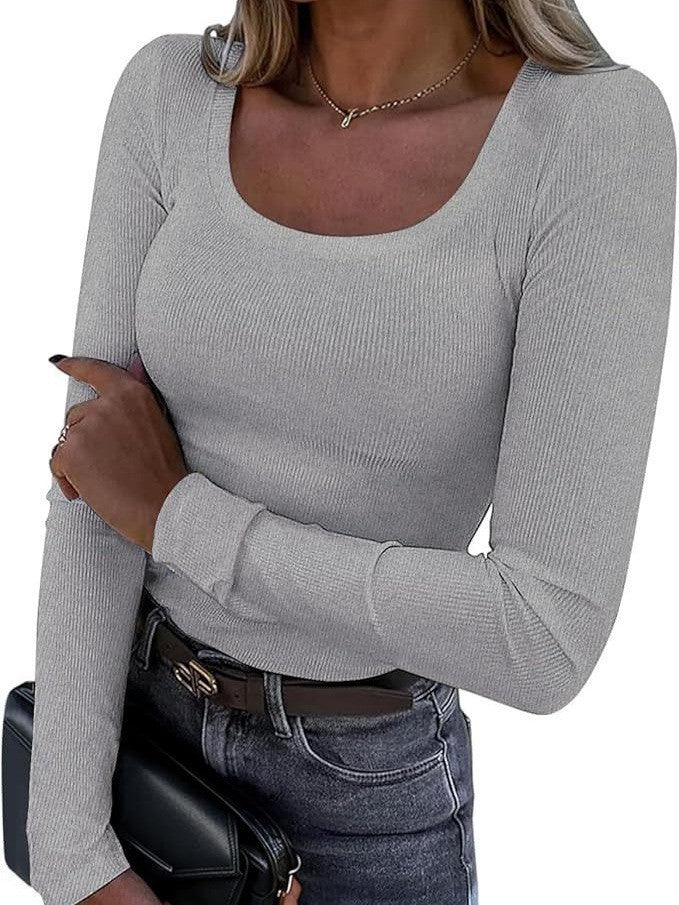 Women’s Long Sleeve Basic Top with Deep Round Neckline and Ribbed Structure Lune London