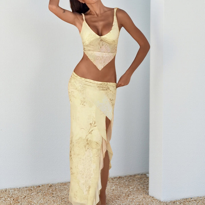 Ladies elegant wrap dress with transparent inserts and high slit
