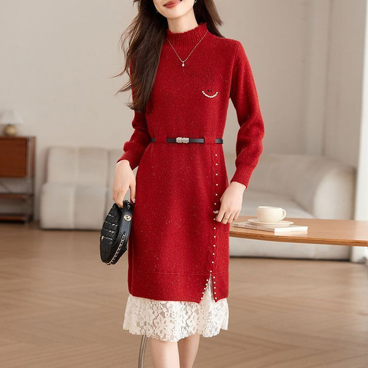 Robe tricotée femme avec des détails en perles à la mode et une ceinture élégante Chic & Stil
