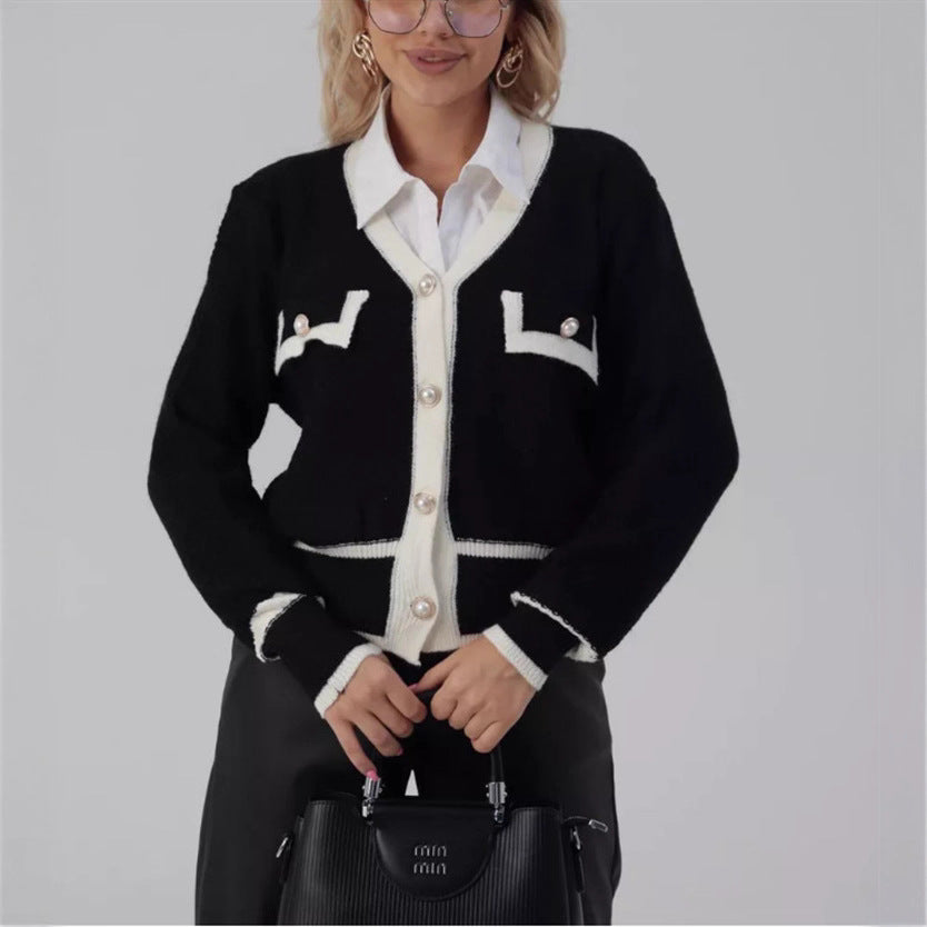Ladies Elegant knitted cardigan with pearl buttons and contrasting details Lune London