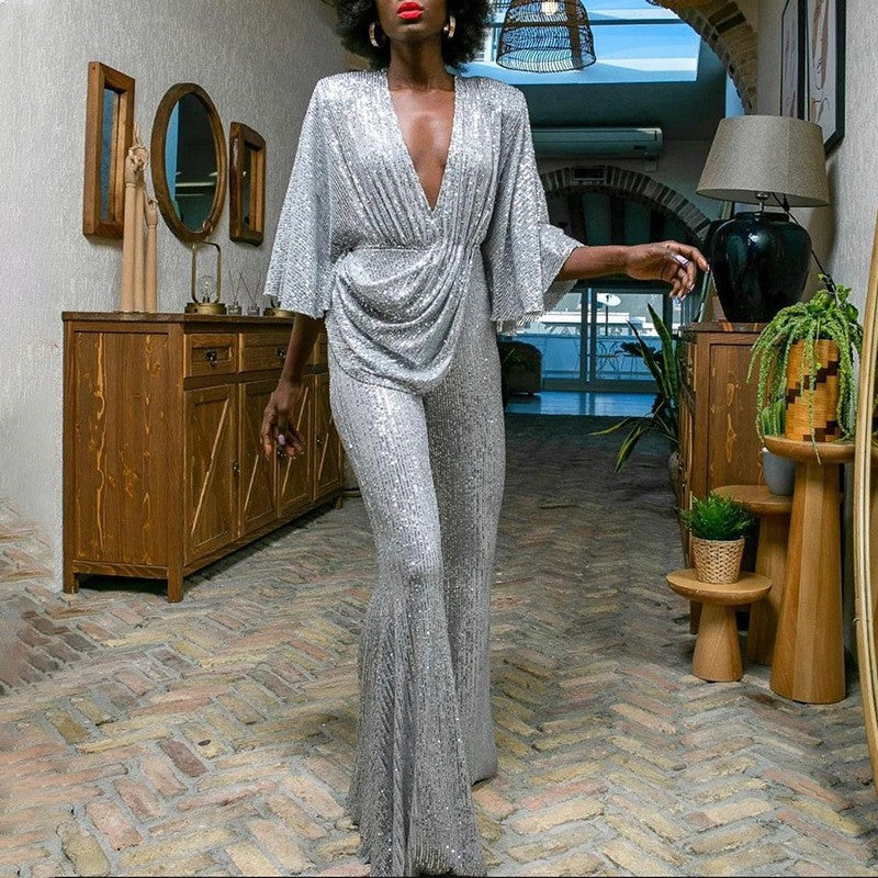 Women Glamorous Jumpsuit with Sparkling Sequins and Wide Leg Lune London
