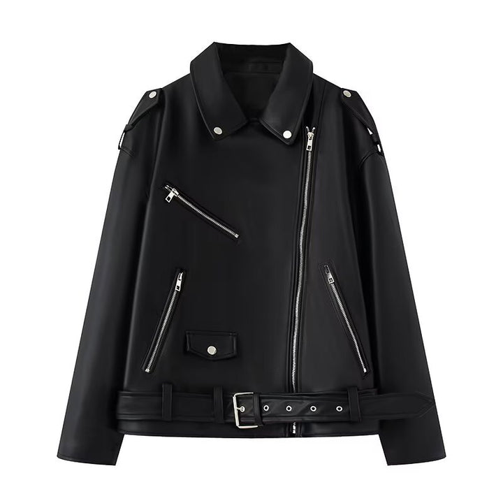 Faux leather motorcycle jacket for women with practical zip pockets and belt Lune London
