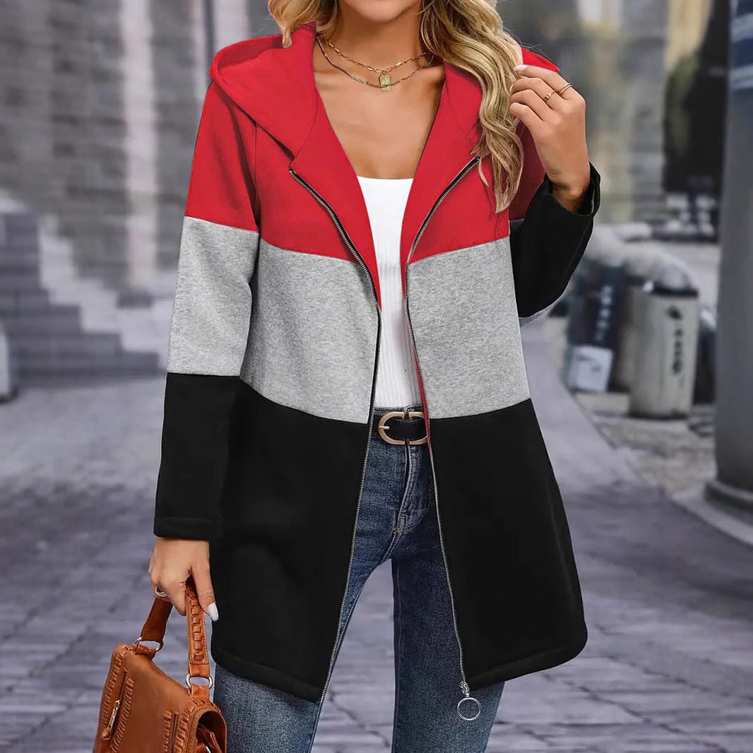 Trendy long hooded jacket for women with chic and stylish color block design