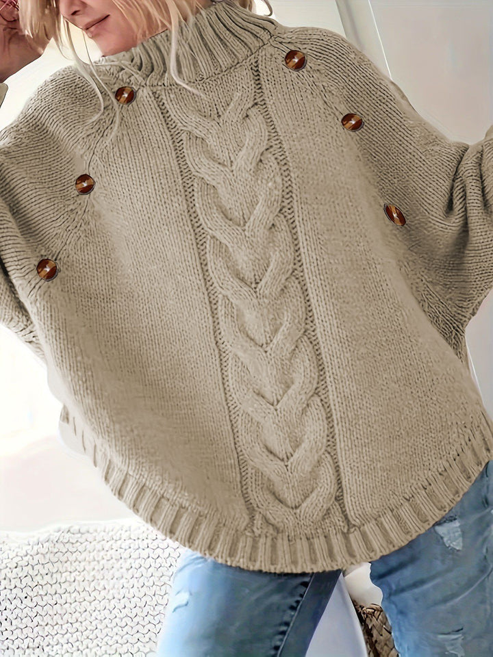 Ladies chunky knit sweater with high collar and button details Lune London