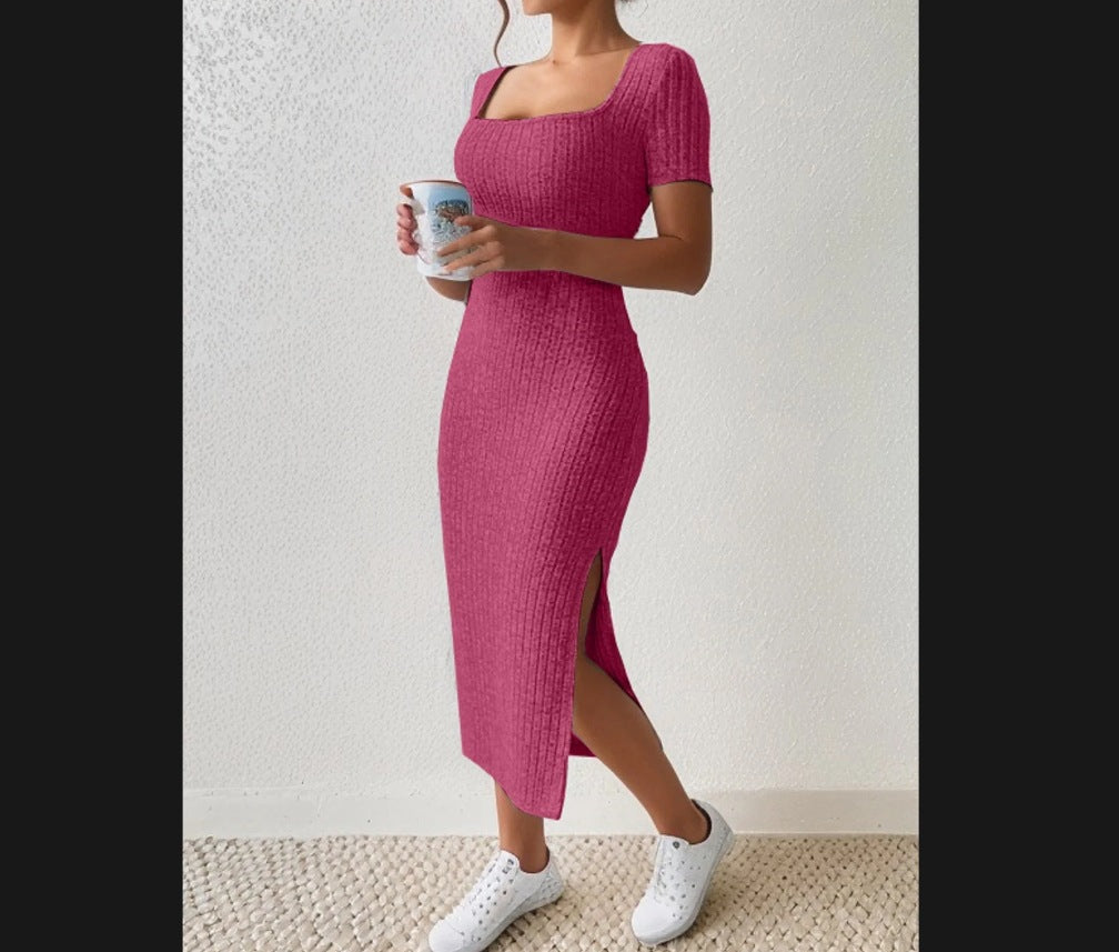 Lune London fitted maxi dress for women with side slits and stretchy material