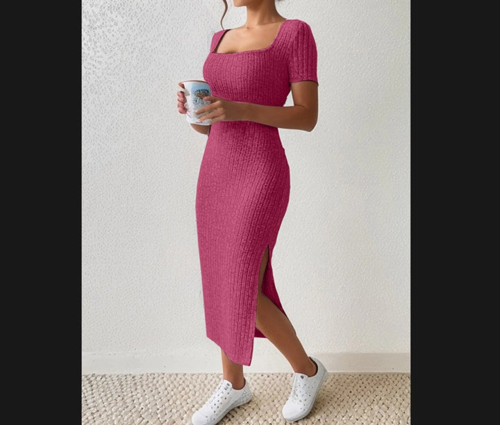 Lune London fitted maxi dress for women with side slits and stretchy material