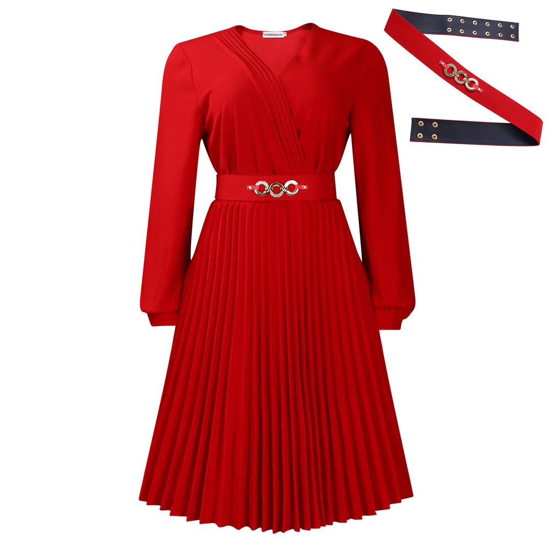 Pleated wrap dress for women with belt and elegant brooch Lune London