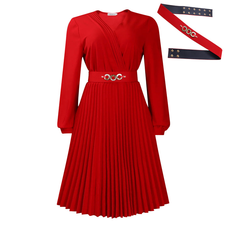Pleated wrap dress for women with belt and elegant brooch Lune London