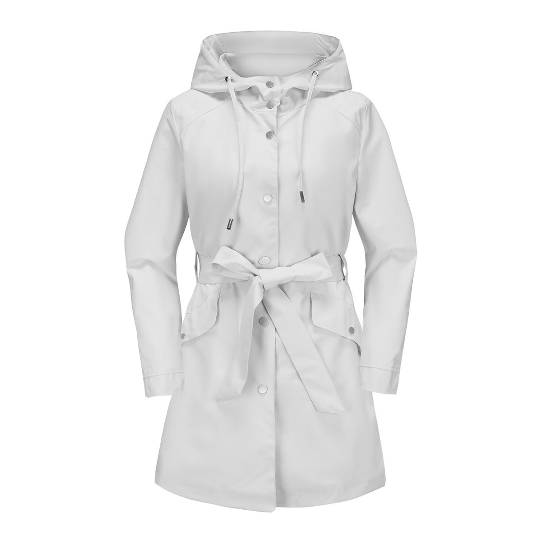 Women's waterproof transition jacket with adjustable hood and waist belt Chic and Style
