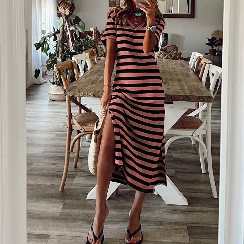 Maxi dress for women with a deep side slit and a trendy striped pattern Lune London