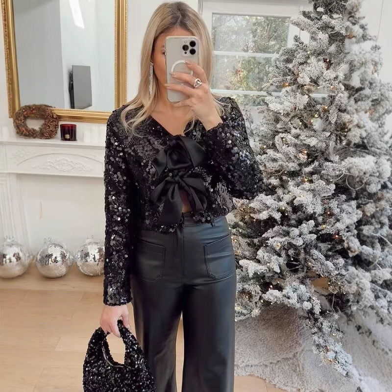 Elegant evening jacket in Lurex for women with ruffles and pretty bows Lune London