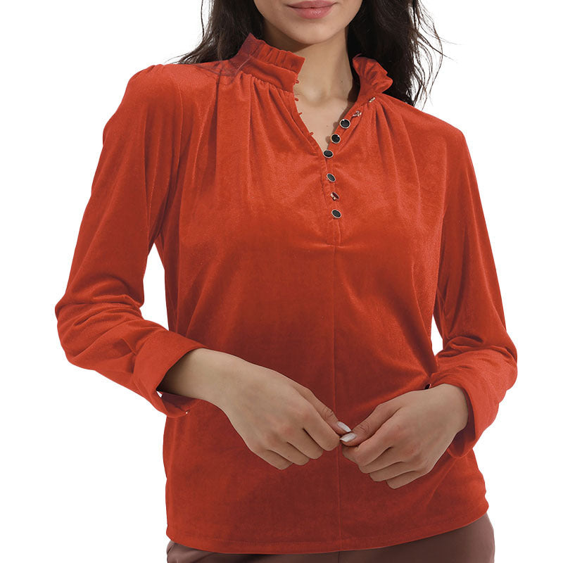 Ladies Elegant velvet top with gathered collar and button details Lune London