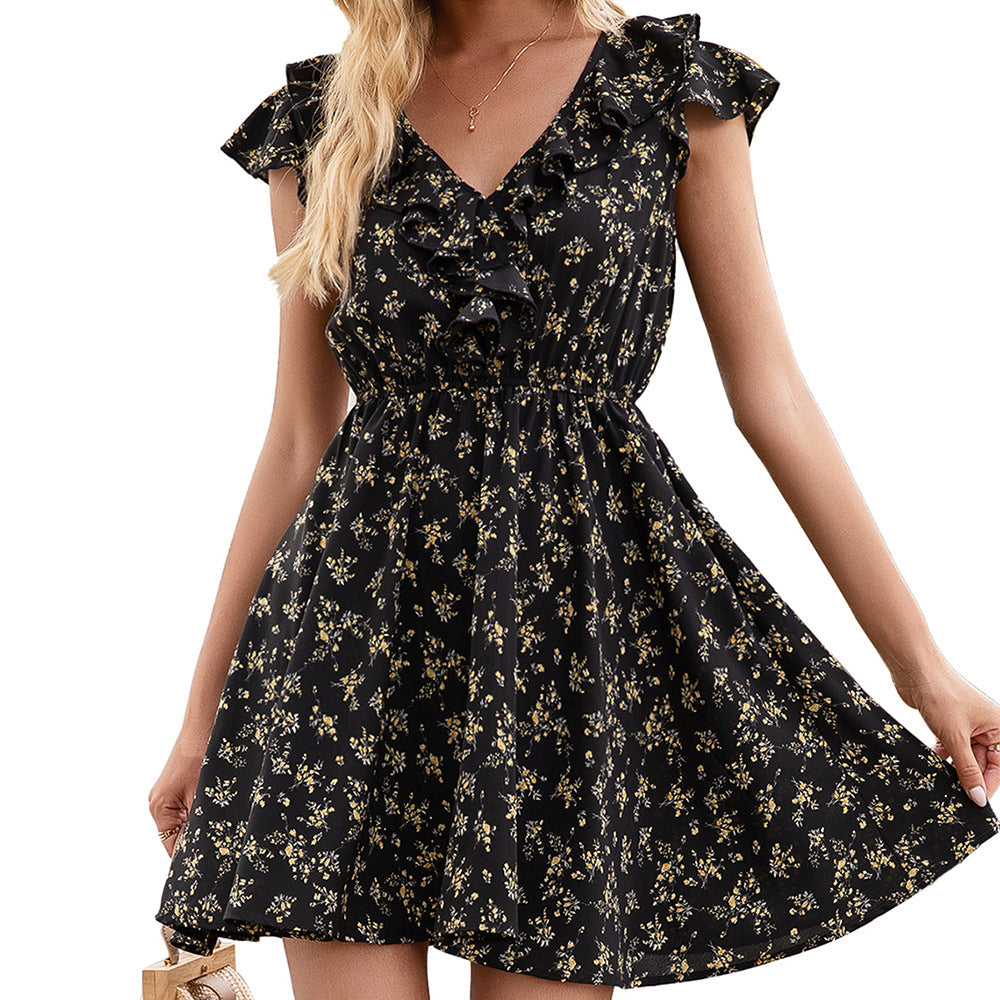Casual short sleeve dress for women with ruffle details and a floral pattern Lune London