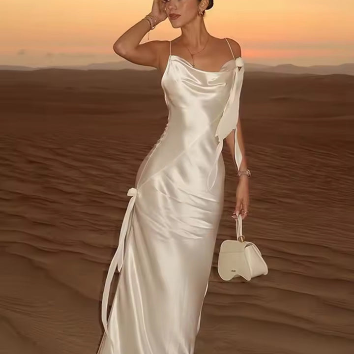 Satin dress for women with an elegant ruffle design and adjustable straps Lune London