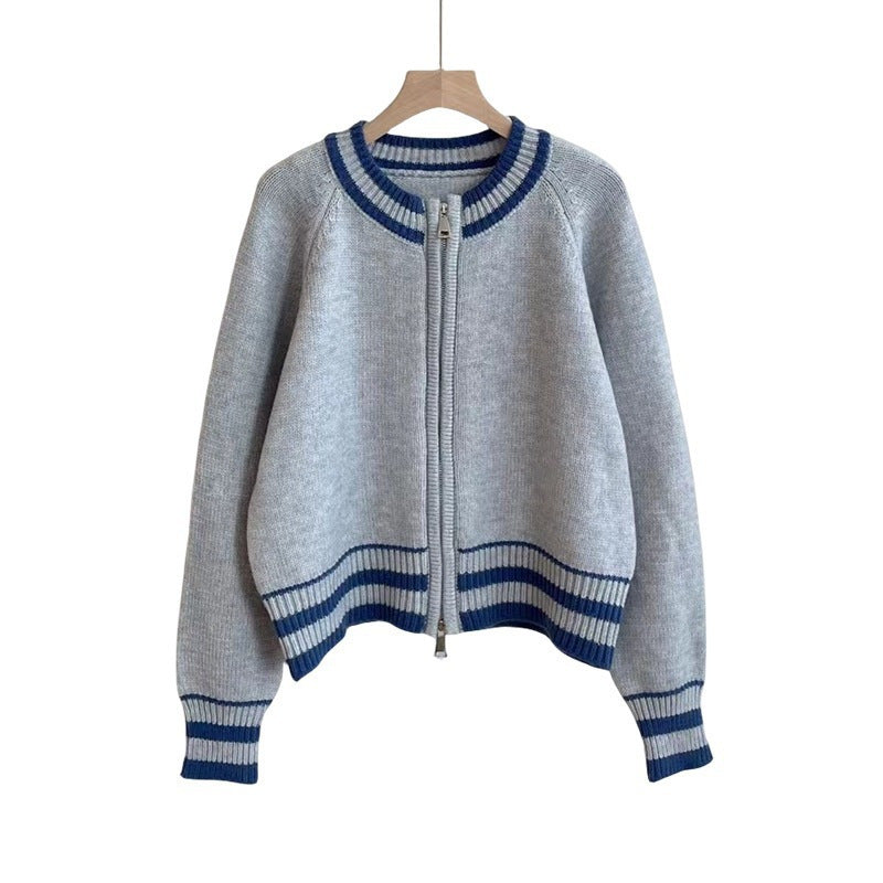 Cardigan en tricot sportif pour femmes avec fermeture éclair et poignet rayé Chic & Stil