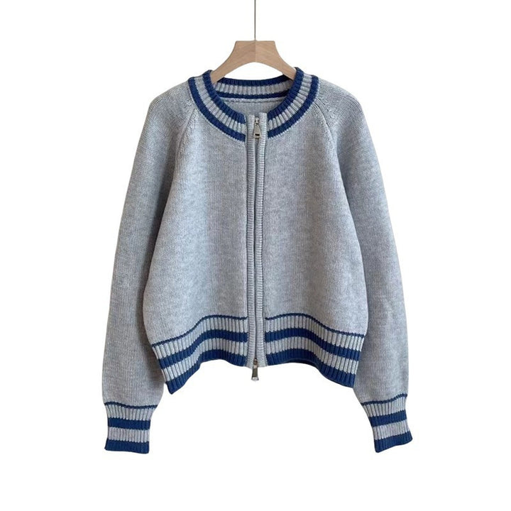 Cardigan en tricot à la mode pour femmes avec fermeture éclair et motif rayé sportif Chic & Stil