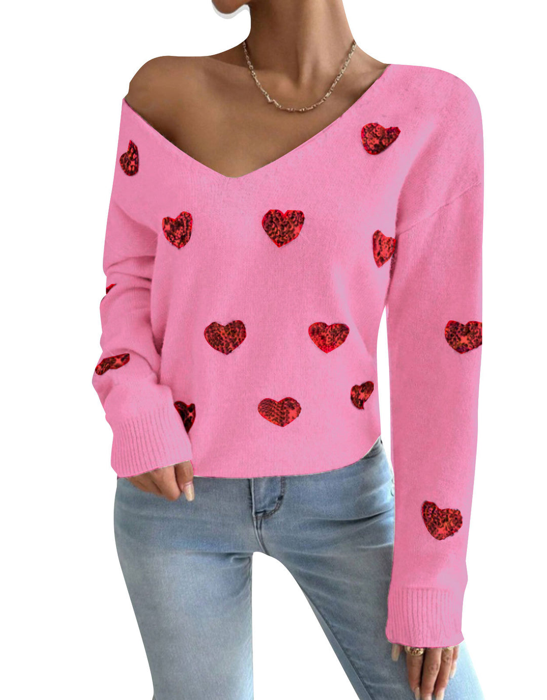 Pull surdimensionné pour femmes avec décolleté en V profond et motif cœur Chic & Stil
