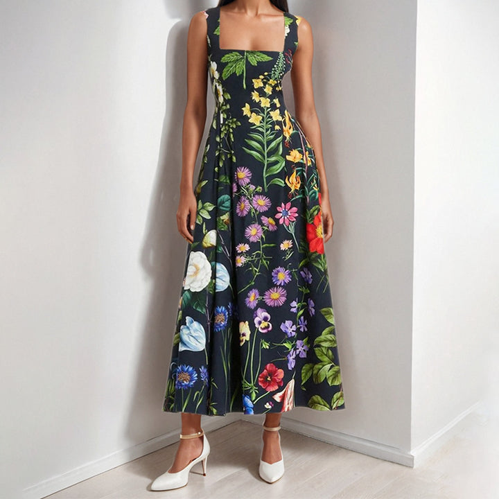 Robe maxi embellie floral pour femmes avec encolure carrée et jupe fluide Chic & Stil