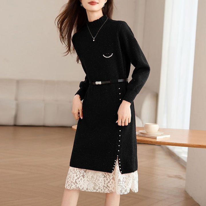 Robe tricotée femme avec des détails en perles à la mode et une ceinture élégante Chic & Stil