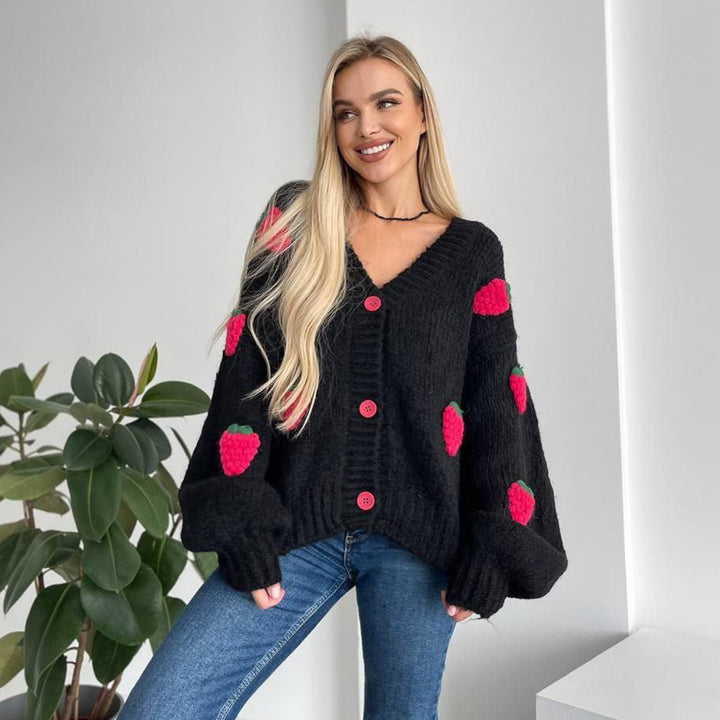 Women's knitted jacket with a playful strawberry pattern and wide sleeves Lune London