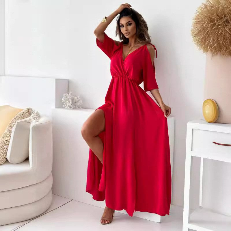 Maxi dress with high slit for women with adjustable tie belt Lune London