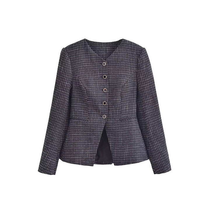 Elegant blazer jacket for women in textured fabric with decorative button details Lune London