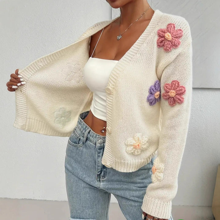 Ladies knit cardigan with hand-crocheted flower applications Lune London