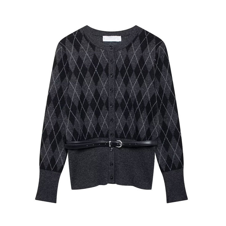 Cardigan pour femmes avec un motif à carreaux moderne et une ceinture amovible Chic & Stil