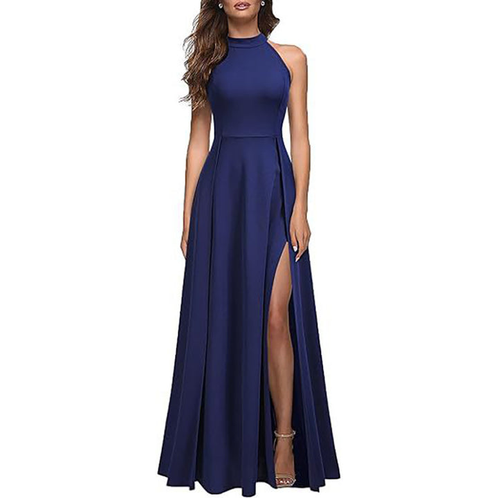 Elegant maxi dress for women with side slits and high collar Lune London