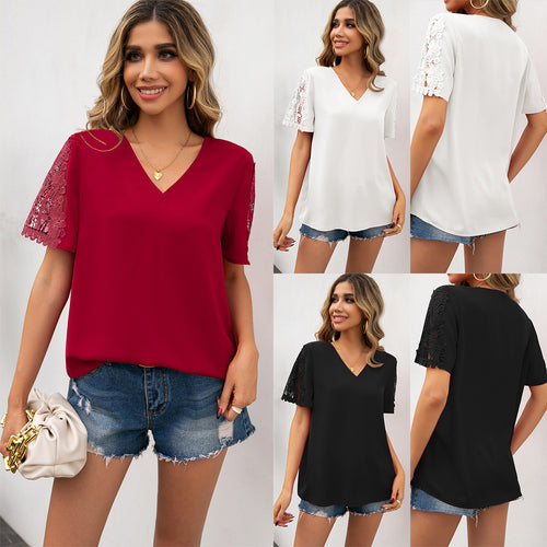 Blouse woman with lace accents and V-neck Lune London