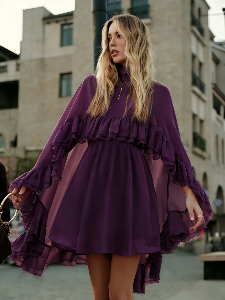 Women Elegant Ruffle Dress with High Neckline and Flowing Cut Lune London