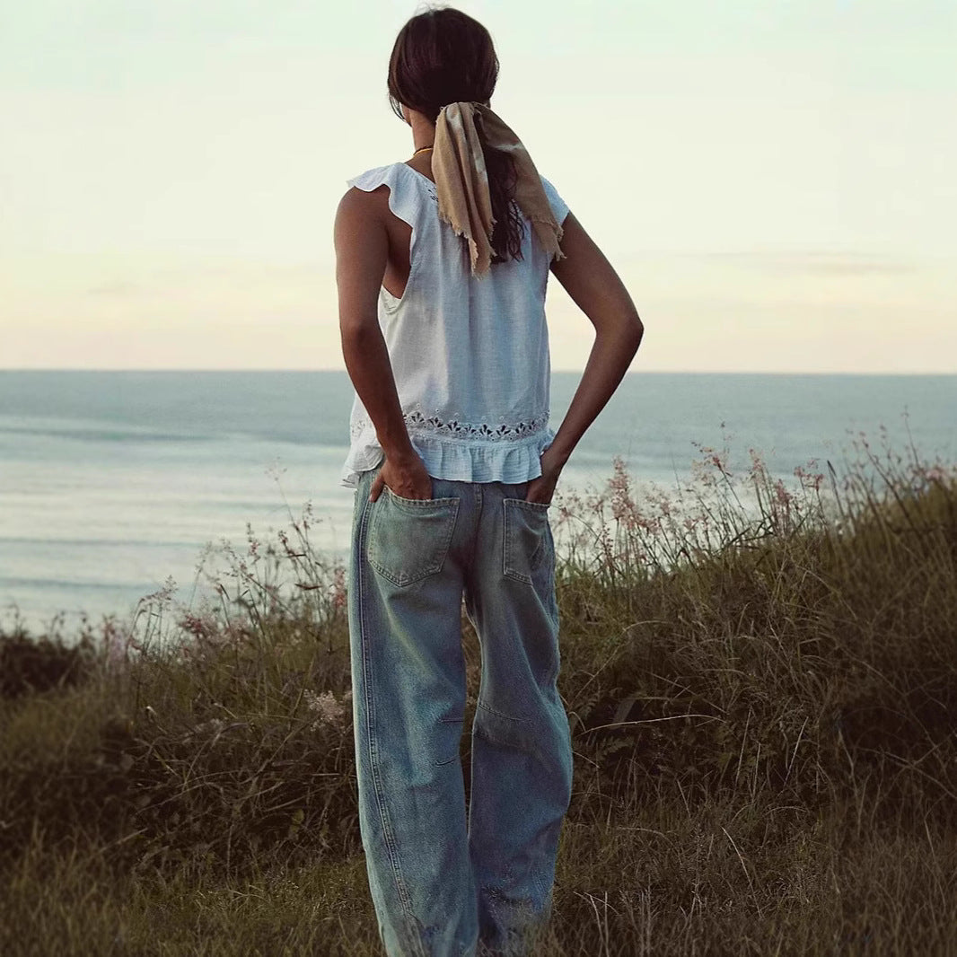 Ladies airy linen crop top with ruffles Lune London