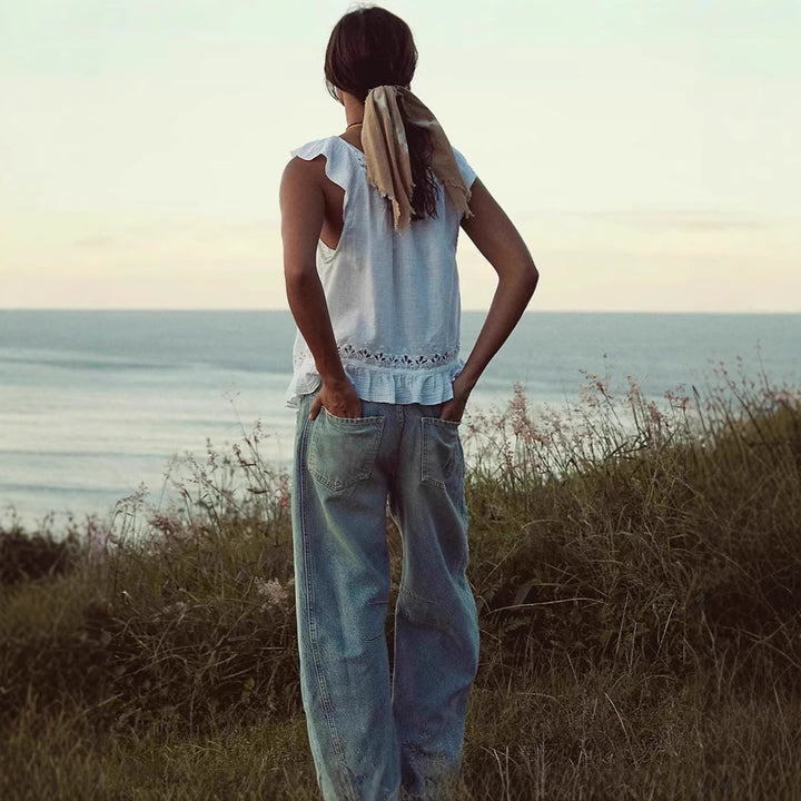 Ladies airy linen crop top with ruffles Lune London