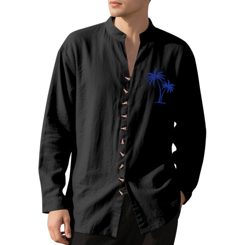 Casual long sleeve shirt for men with modern stand-up collar and palm tree pattern Lune London
