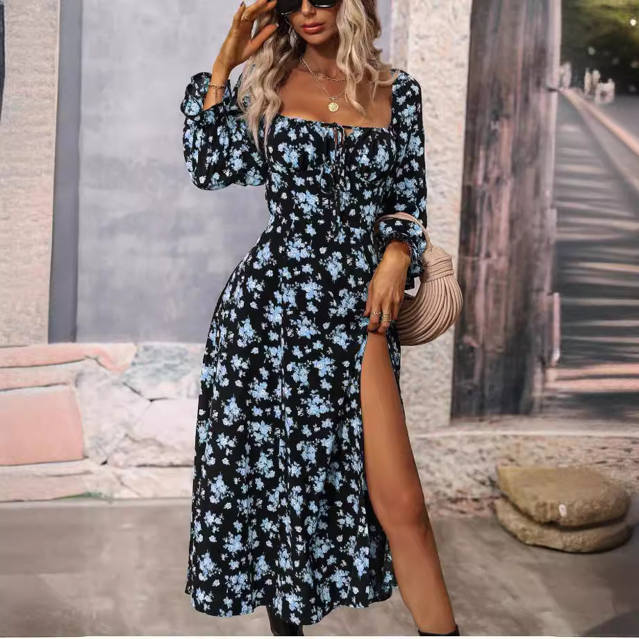Maxi dress for women with deep slit and floral design Lune London