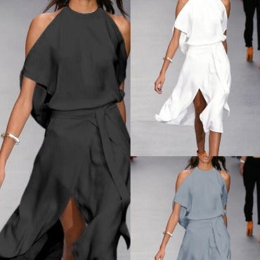 Ladies Elegant and Flowing Maxi Dress with Plunging Neckline and Defined Waist Lune London