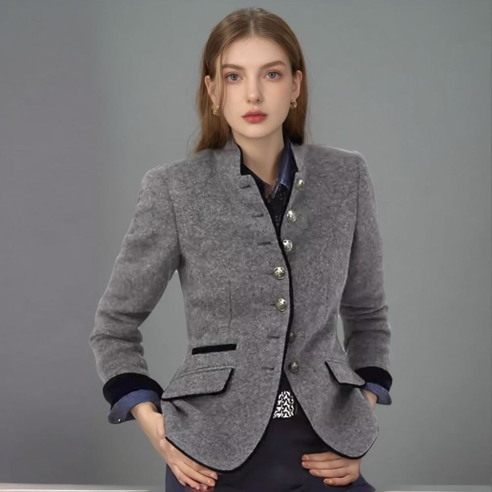 Ladies elegant blazer with decorative buttons and textured fabric Lune London