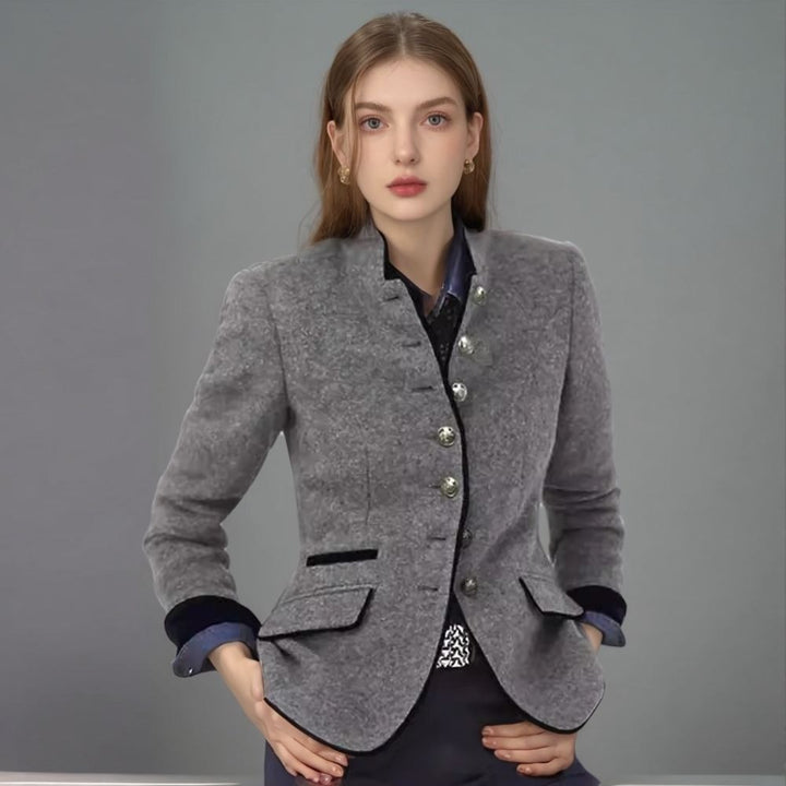 Ladies elegant blazer with decorative buttons and textured fabric Lune London