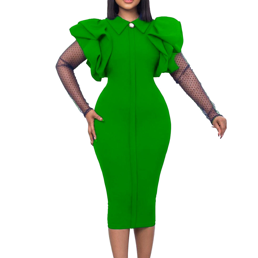 Sheath dress for ladies with puff sleeves and polka dot inserts Lune London