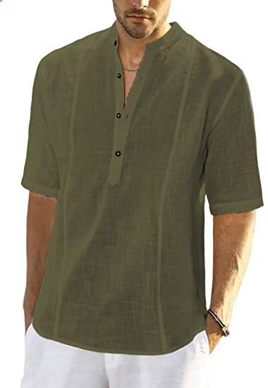 Short Sleeve Linen Shirt for Men with High Collar and Button Placket Chic und Stil