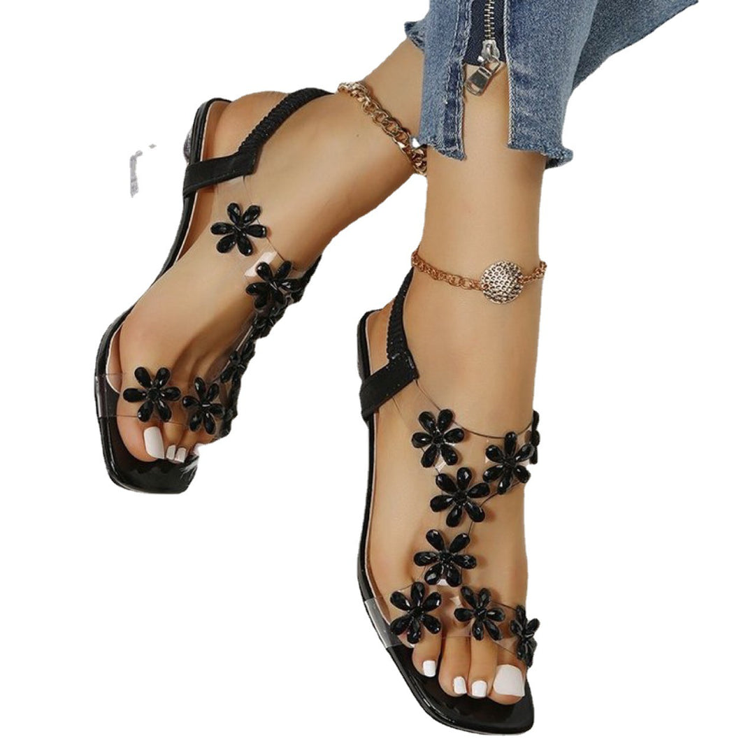 Women Glamour Sandals with transparent block heel and floral accents Lune London
