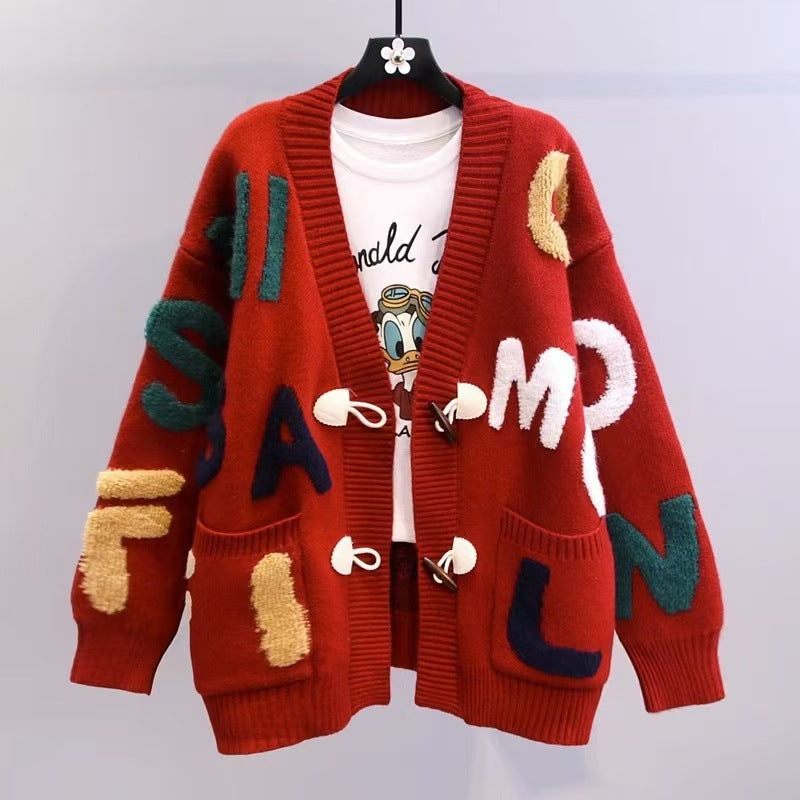 Ladies chunky knit cardigan with colorful appliqués and large pockets Lune London